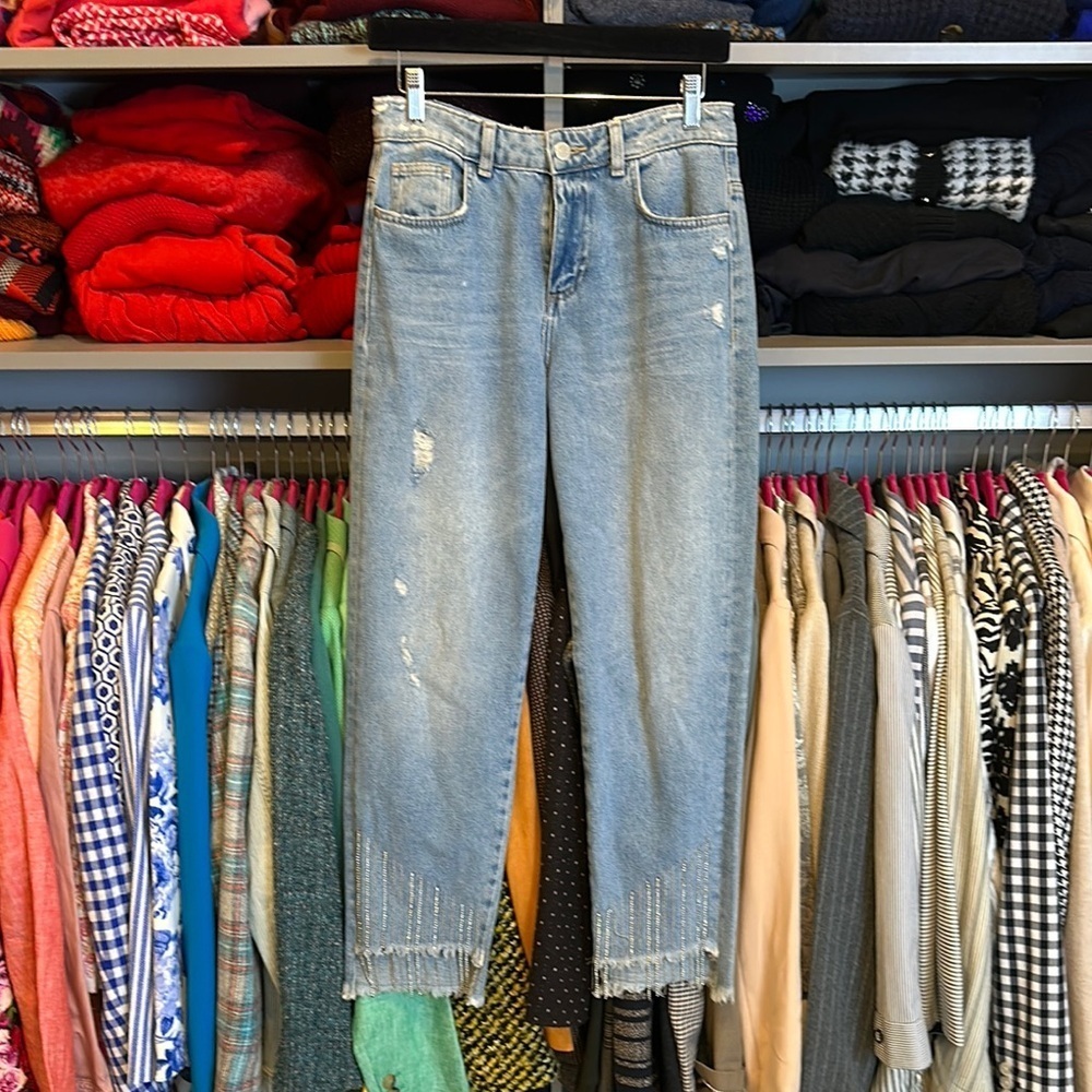Zara blue distressed raw crystal hem high rise cropped jeans size 4 NWT